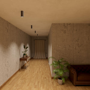 Cylinder ceiling lamp in brass with compact body installed on the ceiling of an elegant corridor by Ghidini 1849 - Finish: OBM Bronze Satin Matt Brass