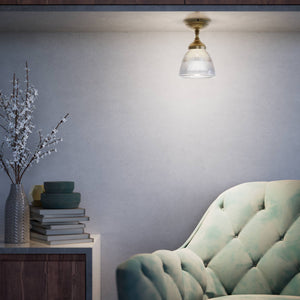 Classic ceiling lamp in brass with a clear conical ribbed glass shade from the Elide range by Ghidini 1849 - Finish: OBS Bronze Satin Brass