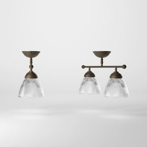 Industrial brass ceiling light with ribbed glass shades, vintage lighting for lofts and kitchen spaces by Ghidini 1849 - Finish: OBM Bronze Satin Matt Brass