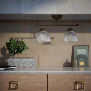 Industrial brass ceiling light with ribbed glass shades, vintage lighting for lofts and kitchen spaces by Ghidini 1849 - Finish: OBM Bronze Satin Matt Brass