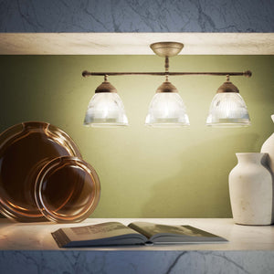 Ceiling lamp in brass with three ribbed glass shades, classic design, Made in Italy, ideal for interior lighting by Ghidini 1849 - Finish: OAS Antique Brass