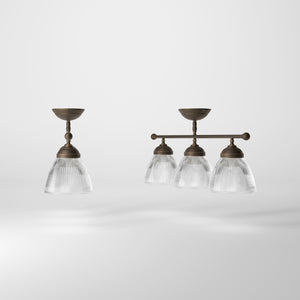 Ceiling lamp in brass with three ribbed glass shades, classic design, Made in Italy, ideal for interior lighting by Ghidini 1849 - Finish: OBM Bronze Satin Matt Brass