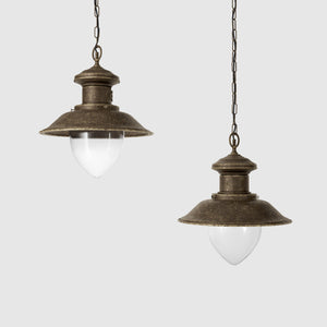 Outdoor pendant lantern in maritime style with pinecone-shaped glass diffuser and adjustable chain by Ghidini 1849 - Finish: OAS Antique Brass