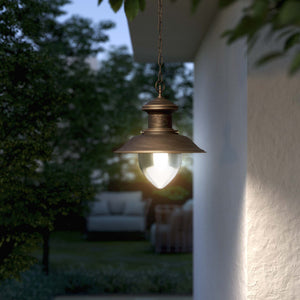 Outdoor pendant lantern in maritime style with pinecone-shaped glass diffuser and adjustable chain by Ghidini 1849 - Finish: OBM Bronze Satin Matt Brass
