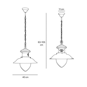 Outdoor pendant lantern in maritime style with pinecone-shaped glass diffuser and adjustable chain by Ghidini 1849