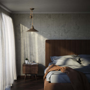 Industrial style brass pendant lamp with pulley system turned spherical counterweight and wide conical shade by Ghidini 1849 - Finish: OBM Bronze Satin Matt Brass