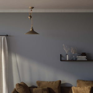 Industrial style brass pendant lamp with pulley system turned spherical counterweight and wide conical shade by Ghidini 1849 - Finish: OBM Bronze Satin Matt Brass