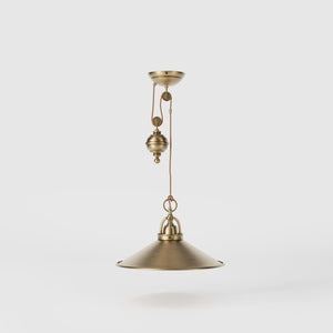 Industrial style brass pendant lamp with pulley system turned spherical counterweight and wide conical shade by Ghidini 1849 - Finish: OBS Bronze Satin Brass