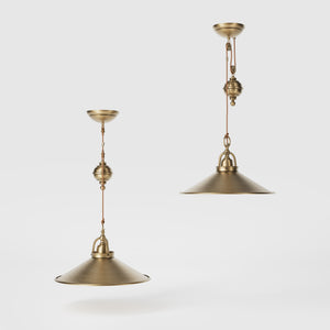Industrial style brass pendant lamp with pulley system turned spherical counterweight and wide conical shade by Ghidini 1849 - Finish: OBS Bronze Satin Brass