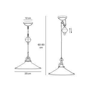 Industrial style brass pendant lamp with pulley system turned spherical counterweight and wide conical shade by Ghidini 1849