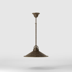 Industrial brass pendant light with wide conical shade perfect for tables and dining areas by Ghidini 1849 - Finish: OAS Antique Brass
