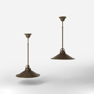 Industrial brass pendant light with wide conical shade perfect for tables and dining areas by Ghidini 1849 - Finish: OAS Antique Brass