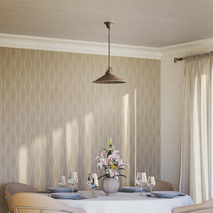 Industrial brass pendant light with wide conical shade perfect for tables and dining areas by Ghidini 1849 - Finish: OAS Antique Brass