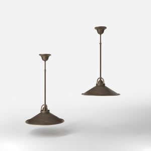 Industrial brass pendant light with wide conical shade perfect for tables and dining areas by Ghidini 1849 - Finish: OBM Bronze Satin Matt Brass