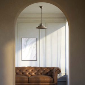 Industrial brass pendant light with wide conical shade perfect for tables and dining areas by Ghidini 1849 - Finish: OBM Bronze Satin Matt Brass