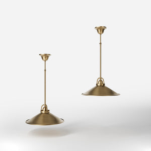 Industrial brass pendant light with wide conical shade perfect for tables and dining areas by Ghidini 1849 - Finish: OBS Bronze Satin Brass