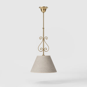 Classic brass pendant lamp with fabric shade and decorative scrollwork by Ghidini 1849 - Finish: OBS Bronze Satin Brass