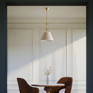 Classic brass pendant lamp with fabric shade and decorative scrollwork by Ghidini 1849 - Finish: OBS Bronze Satin Brass