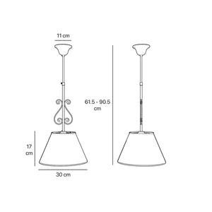 Classic brass pendant lamp with fabric shade and decorative scrollwork by Ghidini 1849