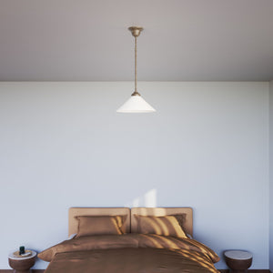 Brass pendant lamp with white cone glass shade classic style adjustable rod round base Italian craftsmanship by Ghidini 1849 | Finish: OAS Antique Brass