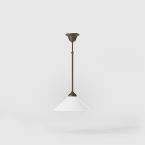 Brass pendant lamp with white cone glass shade classic style adjustable rod round base Italian craftsmanship by Ghidini 1849 | Finish: OBM Bronze Satin Matt Brass