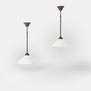 Brass pendant lamp with white cone glass shade classic style adjustable rod round base Italian craftsmanship by Ghidini 1849 | Finish: OBM Bronze Satin Matt Brass