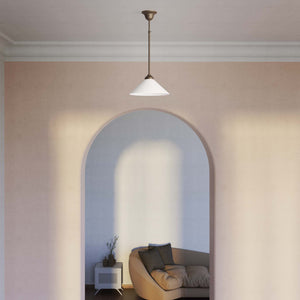 Brass pendant lamp with white cone glass shade classic style adjustable rod round base Italian craftsmanship by Ghidini 1849 | Finish: OBM Bronze Satin Matt Brass