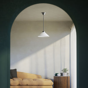 Brass pendant lamp with white cone glass shade classic style adjustable rod round base Italian craftsmanship by Ghidini 1849 | Finish: OBR Dark Bronze