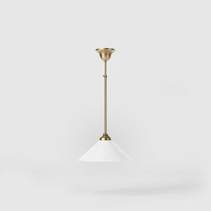 Brass pendant lamp with white cone glass shade classic style adjustable rod round base Italian craftsmanship by Ghidini 1849 | Finish: OBS Bronze Satin Brass