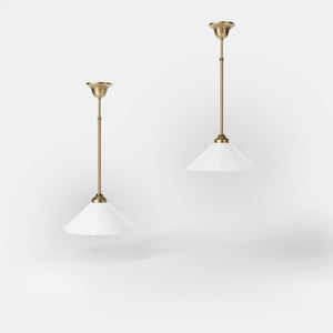 Brass pendant lamp with white cone glass shade classic style adjustable rod round base Italian craftsmanship by Ghidini 1849 | Finish: OBS Bronze Satin Brass