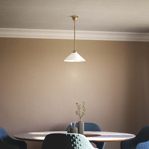 Brass pendant lamp with white cone glass shade classic style adjustable rod round base Italian craftsmanship by Ghidini 1849 | Finish: OBS Bronze Satin Brass