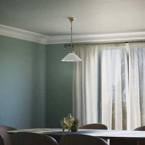 Brass pendant lamp with white cone glass shade classic style adjustable rod round base Italian craftsmanship by Ghidini 1849 | Finish: OBS Bronze Satin Brass