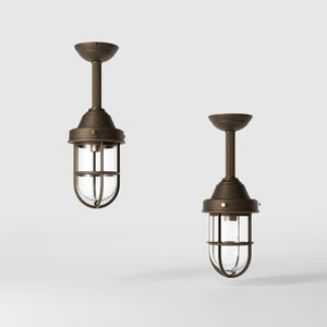 Industrial outdoor brass lamp with protective cage and glass, vintage nautical style for outdoor lighting by Ghidini 1849 - Finish: OBM Bronze Satin Matt Brass