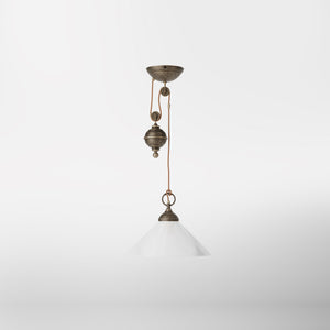 Pendant lamp in brass with a glossy white glass shade and height-adjustable pulley system by Ghidini 1849 - Finish: OAS Antique Brass