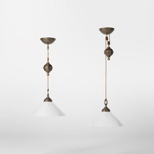 Pendant lamp in brass with a glossy white glass shade and height-adjustable pulley system by Ghidini 1849 - Finish: OAS Antique Brass