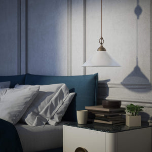 Pendant lamp in brass with a glossy white glass shade and height-adjustable pulley system by Ghidini 1849 - Finish: OAS Antique Brass