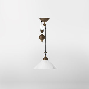 Pendant lamp in brass with a glossy white glass shade and height-adjustable pulley system by Ghidini 1849 - Finish: OBM Bronze Satin Matt Brass