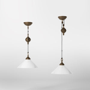 Pendant lamp in brass with a glossy white glass shade and height-adjustable pulley system by Ghidini 1849 - Finish: OBM Bronze Satin Matt Brass