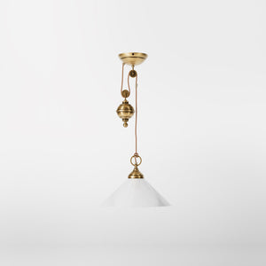 Pendant lamp in brass with a glossy white glass shade and height-adjustable pulley system by Ghidini 1849 - Finish: OBS Bronze Satin Brass