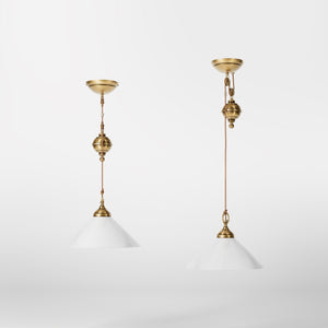 Pendant lamp in brass with a glossy white glass shade and height-adjustable pulley system by Ghidini 1849 - Finish: OBS Bronze Satin Brass
