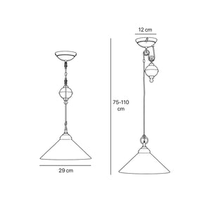 Pendant lamp in brass with a glossy white glass shade and height-adjustable pulley system by Ghidini 1849