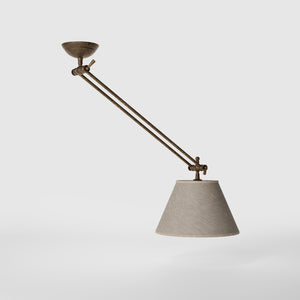 Brass ceiling lamp with long adjustable arm and conical linen-effect fabric shade classic design Made in Italy by Ghidini 1849 - Finish: OAS Antique Brass