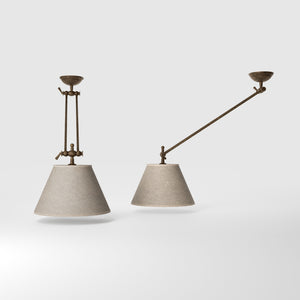 Brass ceiling lamp with long adjustable arm and conical linen-effect fabric shade classic design Made in Italy by Ghidini 1849 - Finish: OAS Antique Brass