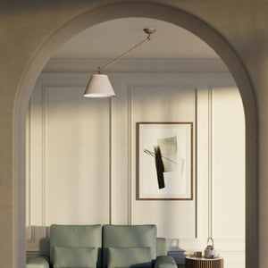 Brass ceiling lamp with long adjustable arm and conical linen-effect fabric shade classic design Made in Italy by Ghidini 1849 - Finish: OAS Antique Brass