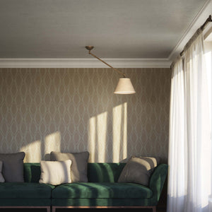 Brass ceiling lamp with long adjustable arm and conical linen-effect fabric shade classic design Made in Italy by Ghidini 1849 - Finish: OAS Antique Brass