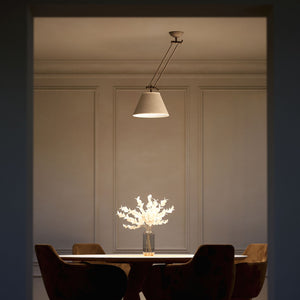 Brass ceiling lamp with long adjustable arm and conical linen-effect fabric shade classic design Made in Italy by Ghidini 1849 - Finish: OBM Bronze Satin Matt Brass