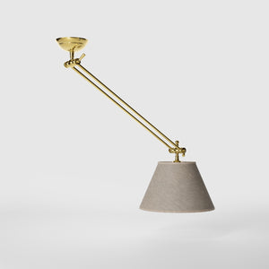 Brass ceiling lamp with long adjustable arm and conical linen-effect fabric shade classic design Made in Italy by Ghidini 1849 - Finish: OLV Polished Brass