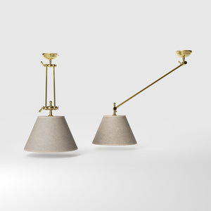 Brass ceiling lamp with long adjustable arm and conical linen-effect fabric shade classic design Made in Italy by Ghidini 1849 - Finish: OLV Polished Brass