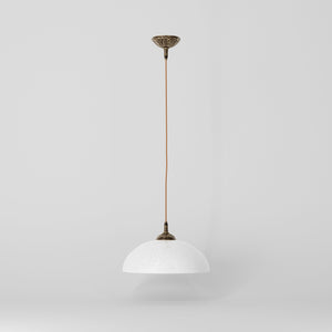 Brass pendant lamp with white speckled shade, whiskey fabric cord, classic design for interiors by Ghidini 1849 - Finish: OAS Antique Brass