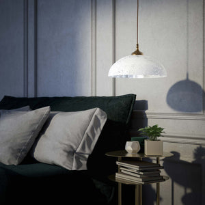 Brass pendant lamp with white speckled shade, whiskey fabric cord, classic design for interiors by Ghidini 1849 - Finish: OBS Bronze Satin Brass